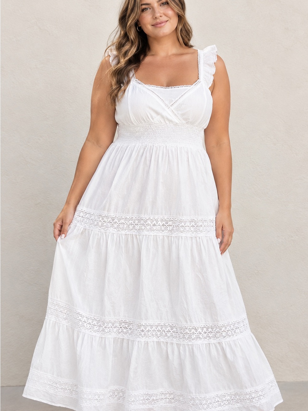 Boho White Cotton Tiered Maxi Dress Smocked Waist Lace Trim Cottagecore Fairy L